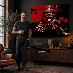 Tablou POP ART pictat manual Iron Maiden 1 buc im – tablou într-un interior modern masculin, vizualizare lifestyle. Culori dominante: roșu, negru, alb.