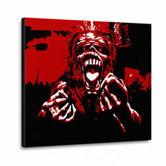Tablou POP ART pictat manual Iron Maiden 1 buc im – Vizualizare 3D a tabloului pictat manual pe fundal alb. Culori dominante: roșu, negru, alb.