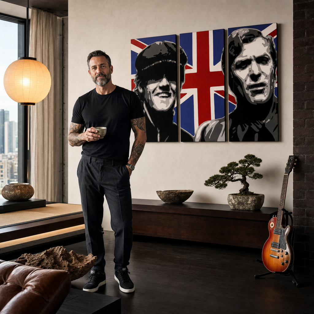 Tablou POP ART pictat manual Italian Job 3 buc ij – tablou într-un interior modern masculin, vizualizare lifestyle. Culori dominante: negru, alb, albastru, roșu, maro.
