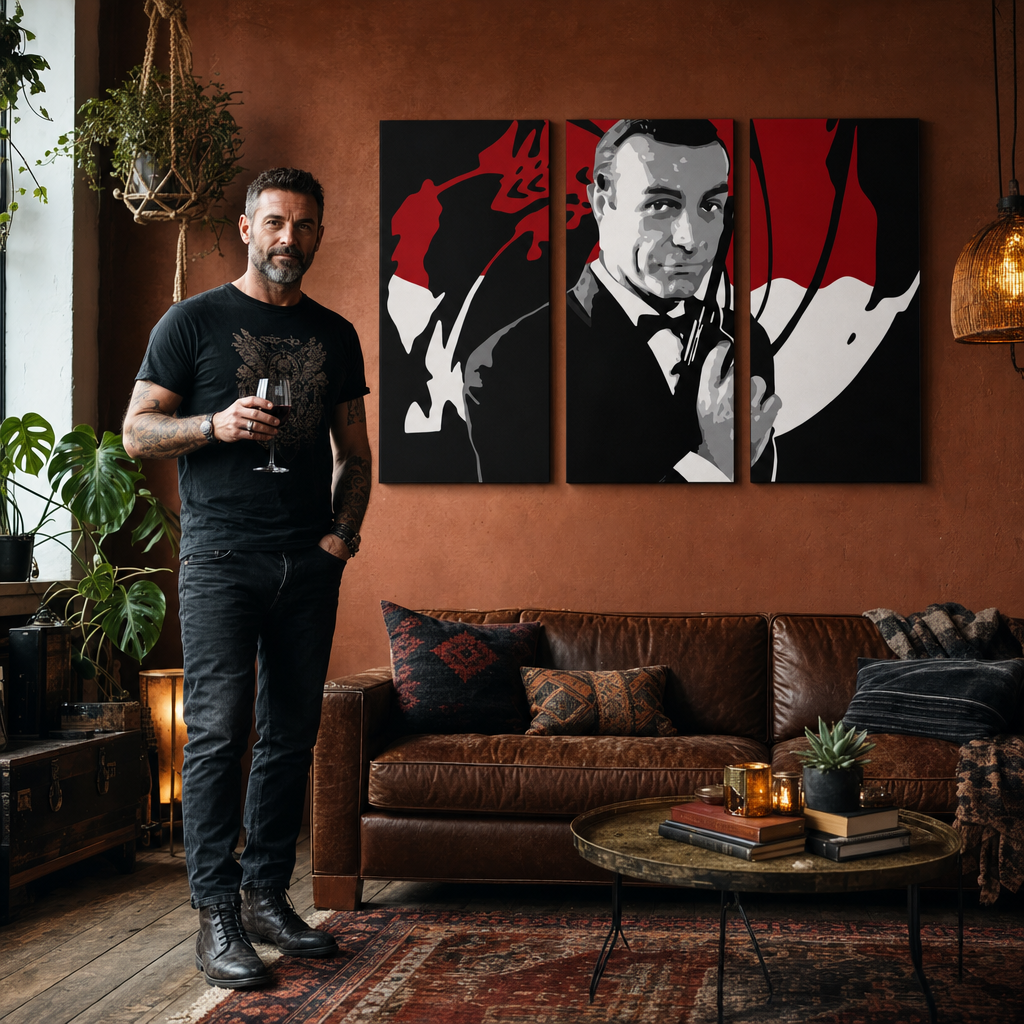 Tablou POP ART pictat manual James Bond 3 părți bond2 – tablou într-un interior modern masculin, vizualizare lifestyle. Culori dominante: negru, roșu, alb.