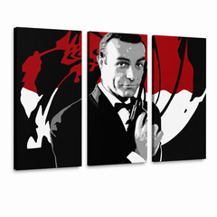Tablou POP ART pictat manual James Bond 3 părți bond2 – Vizualizare 3D a tabloului pictat manual pe fundal alb. Culori dominante: negru, roșu, alb.