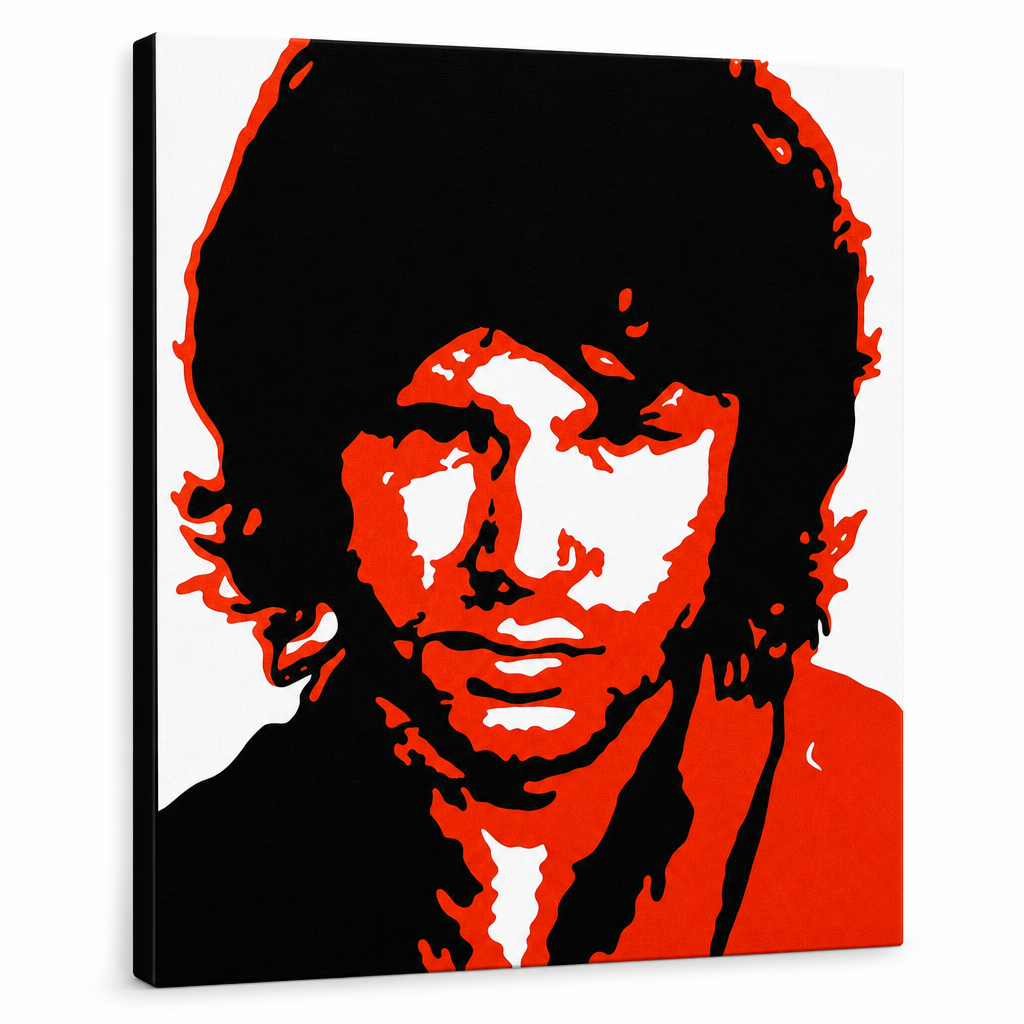 Tablou POP ART pictat manual Jim Morrison 1 bucată jm2 – Vizualizare 3D a tabloului pictat manual pe fundal alb. Culori dominante: negru, roșu, alb.