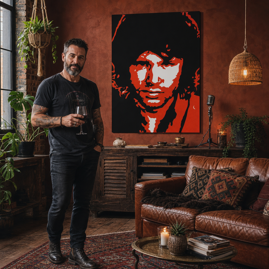 Tablou POP ART pictat manual Jim Morrison 1 bucată jm2 – tablou într-un interior modern masculin, vizualizare lifestyle. Culori dominante: negru, roșu, alb.