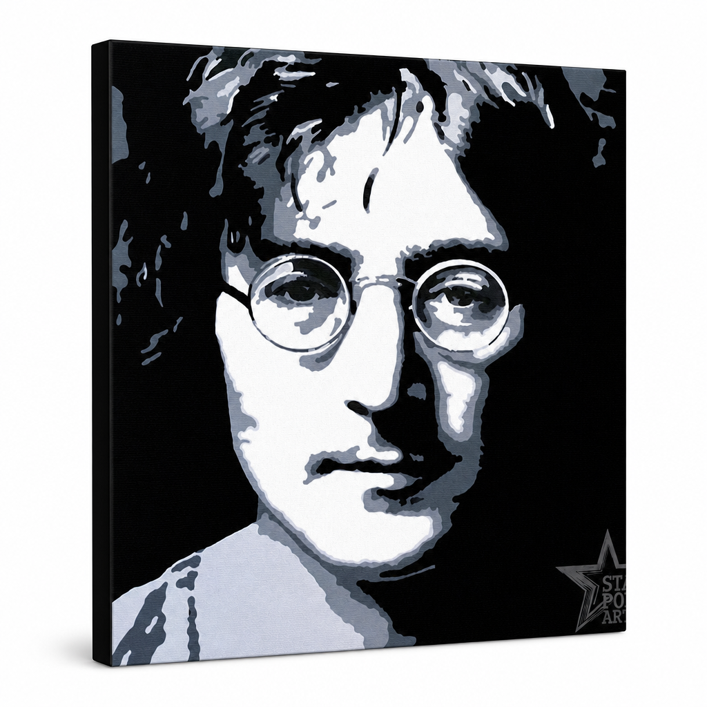 Tablou POP ART pictat manual John Lennon 1 bucată jl – Vizualizare 3D a tabloului pictat manual pe fundal alb. Culori dominante: negru, alb, gri.