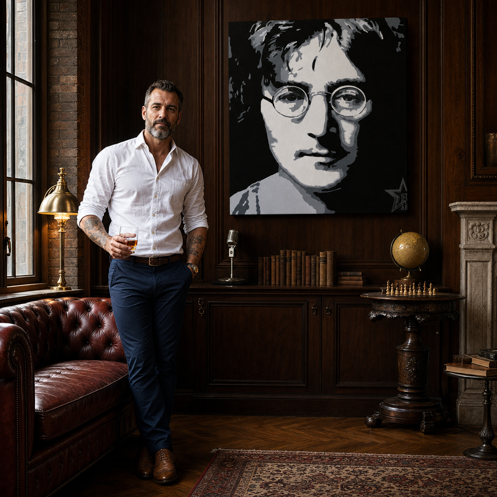 Tablou POP ART pictat manual John Lennon 1 bucată jl – tablou într-un interior modern masculin, vizualizare lifestyle. Culori dominante: negru, alb, gri.