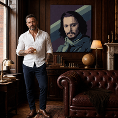 Tablou POP ART pictat manual Johnny Depp1 bucată jd – tablou într-un interior modern masculin, vizualizare lifestyle. Culori dominante: mov, albastru, negru, bej, verde.