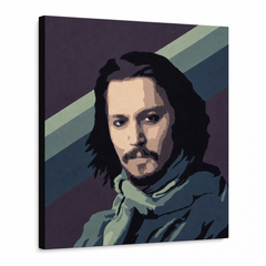 Tablou POP ART pictat manual Johnny Depp1 bucată jd – Vizualizare 3D a tabloului pictat manual pe fundal alb. Culori dominante: mov, albastru, negru, bej, verde.