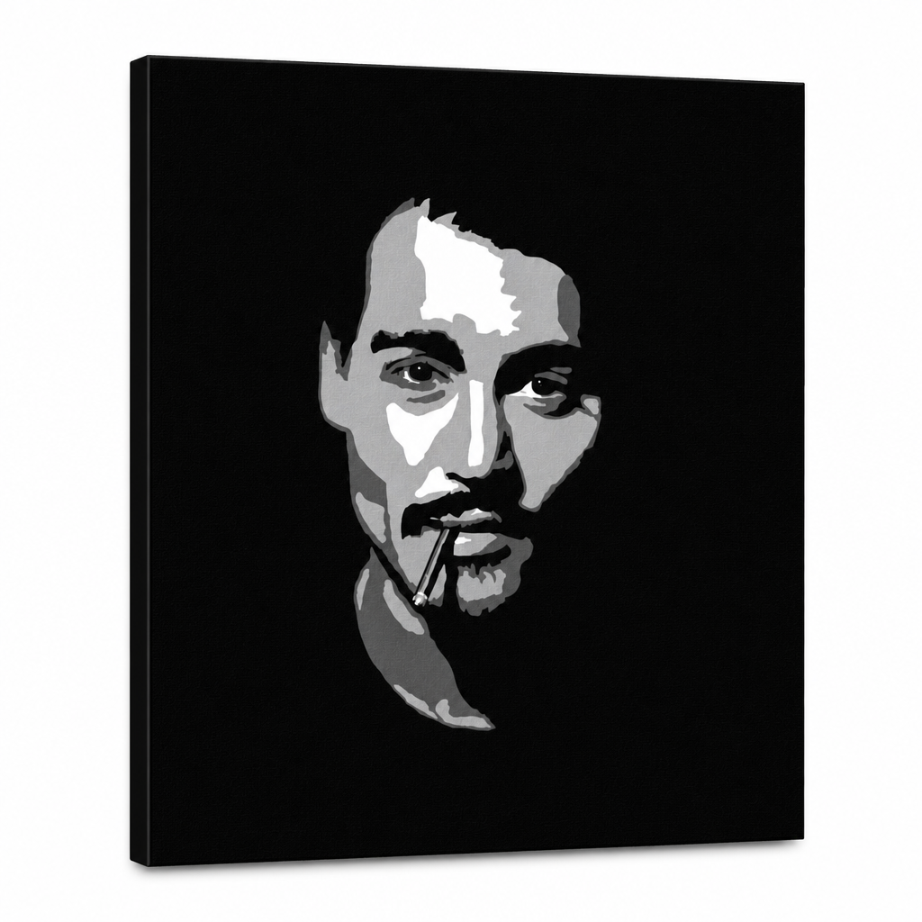 Tablou POP ART pictat manual Johnny Depp1 parte jd2 – Vizualizare 3D a tabloului pictat manual pe fundal alb. Culori dominante: negru, alb, gri.