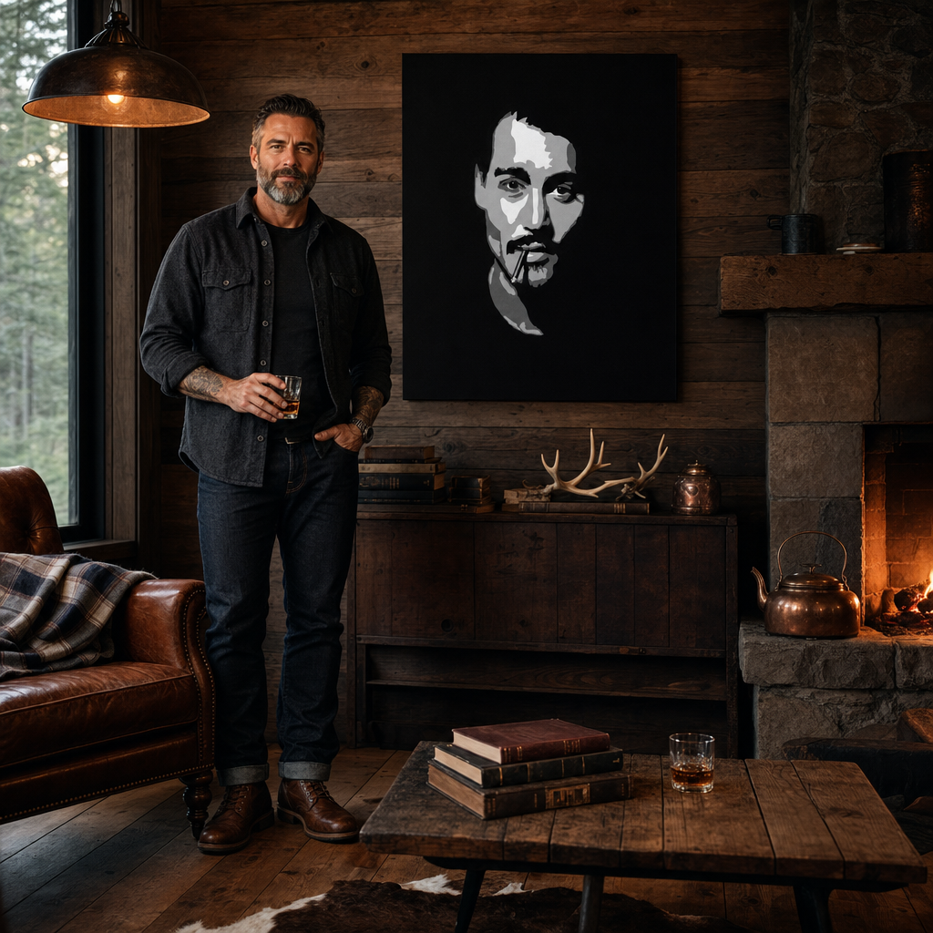 Tablou POP ART pictat manual Johnny Depp1 parte jd2 – tablou într-un interior modern masculin, vizualizare lifestyle. Culori dominante: negru, alb, gri.