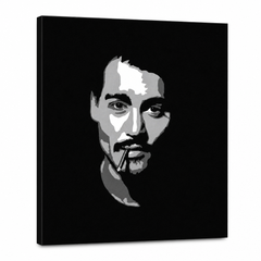 Tablou POP ART pictat manual Johnny Depp1 parte jd2 – Vizualizare 3D a tabloului pictat manual pe fundal alb. Culori dominante: negru, alb, gri.