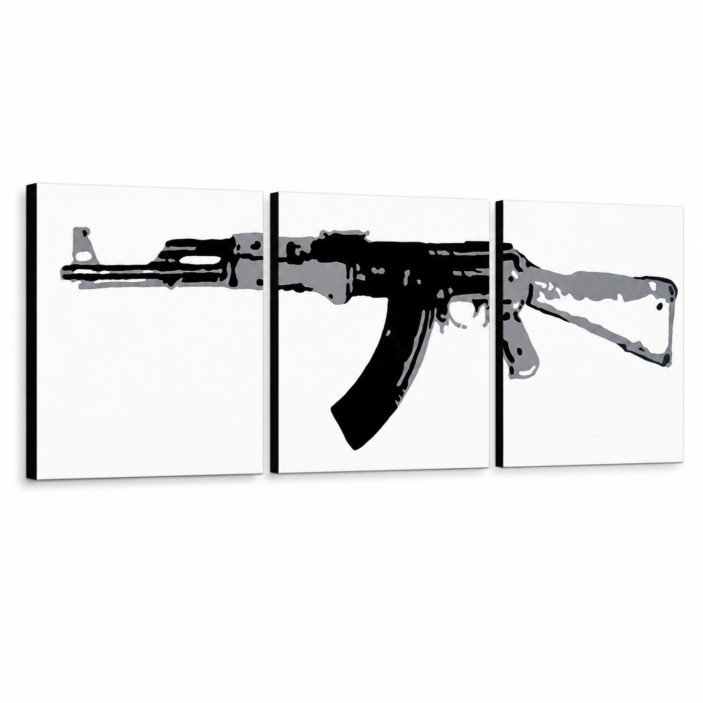 Tablou POP ART pictat manual Kalashnikov 3 părți ka – Vizualizare 3D a tabloului pictat manual pe fundal alb. Culori dominante: negru, gri, alb.