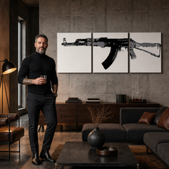 Tablou POP ART pictat manual Kalashnikov 3 părți ka – tablou într-un interior modern masculin, vizualizare lifestyle. Culori dominante: negru, gri, alb.