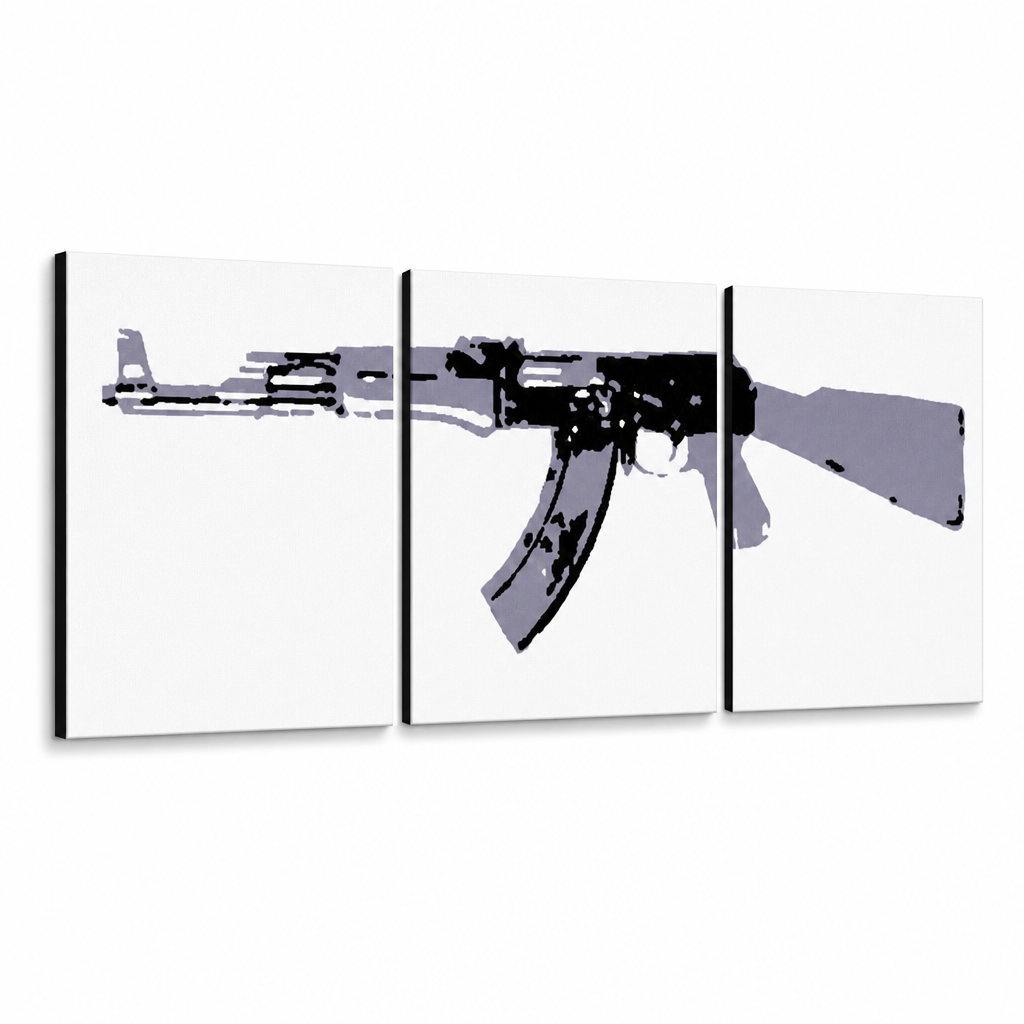 Tablou POP ART pictat manual Kalashnikov 3 părți ka1 – Vizualizare 3D a tabloului pictat manual pe fundal alb. Culori dominante: negru, gri, alb.