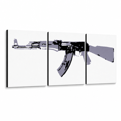 Tablou POP ART pictat manual Kalashnikov 3 părți ka1 – Vizualizare 3D a tabloului pictat manual pe fundal alb. Culori dominante: negru, gri, alb.