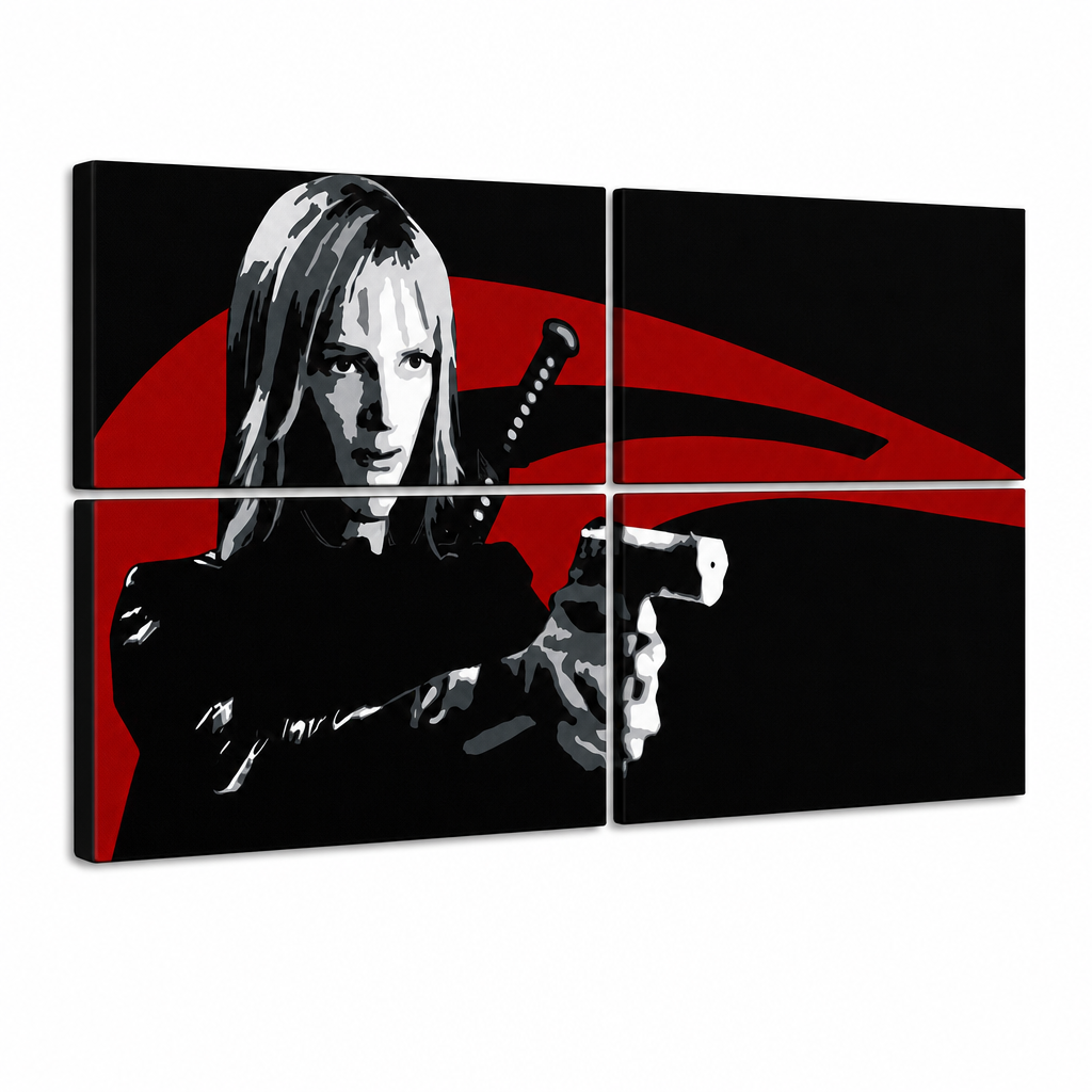 Tablou POP ART pictat manual Kill Bill 4 bucăți kb – Vizualizare 3D a tabloului pictat manual pe fundal alb. Culori dominante: negru, roșu, alb.