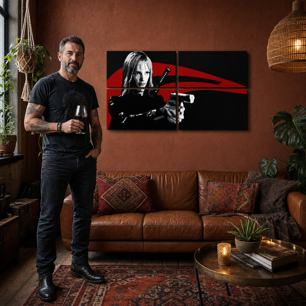 Tablou POP ART pictat manual Kill Bill 4 bucăți kb – tablou într-un interior modern masculin, vizualizare lifestyle. Culori dominante: negru, roșu, alb.
