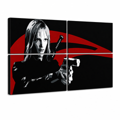Tablou POP ART pictat manual Kill Bill 4 bucăți kb – Vizualizare 3D a tabloului pictat manual pe fundal alb. Culori dominante: negru, roșu, alb.