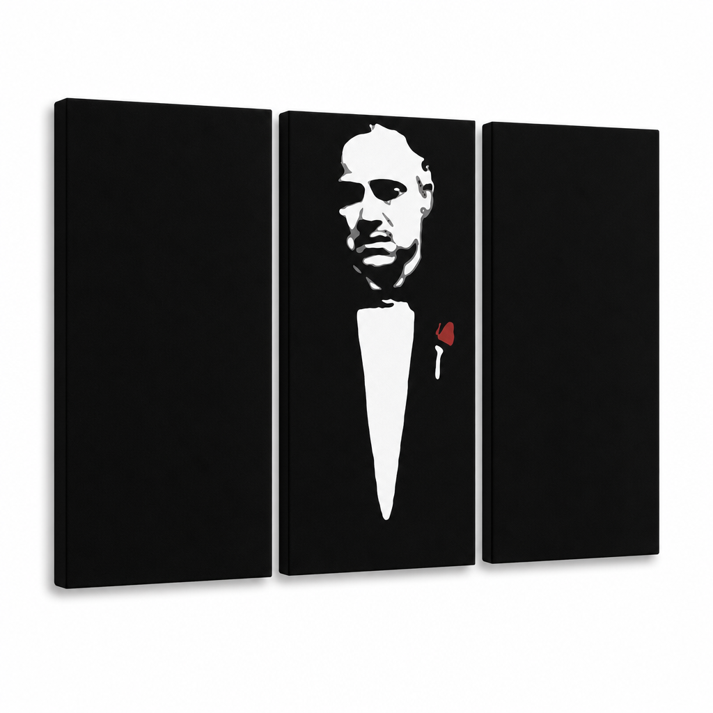Tablou POP ART pictat manual Marlon Brando 3 bucăți gwr – Vizualizare 3D a tabloului pictat manual pe fundal alb. Culori dominante: negru, alb, roșu.