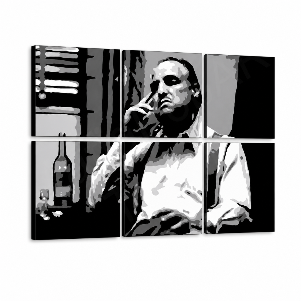 Tablou POP ART pictat manual MARLON BRANDO 6 părți mb9 – Vizualizare 3D a tabloului pictat manual pe fundal alb. Culori dominante: negru, alb, gri.