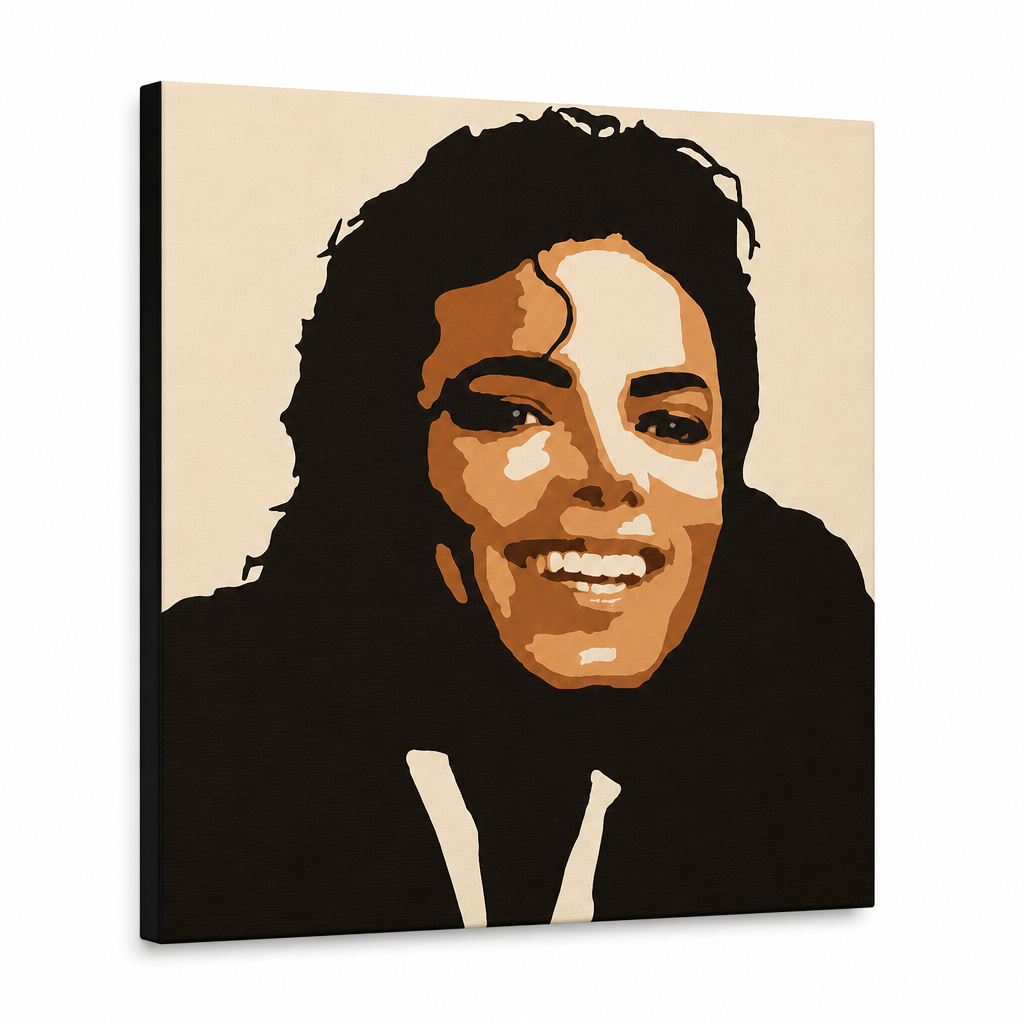 Tablou POP ART pictat manual Michael Jackson 1 bucată mj6 – Vizualizare 3D a tabloului pictat manual pe fundal alb. Culori dominante: maro, portocaliu, negru, bej.