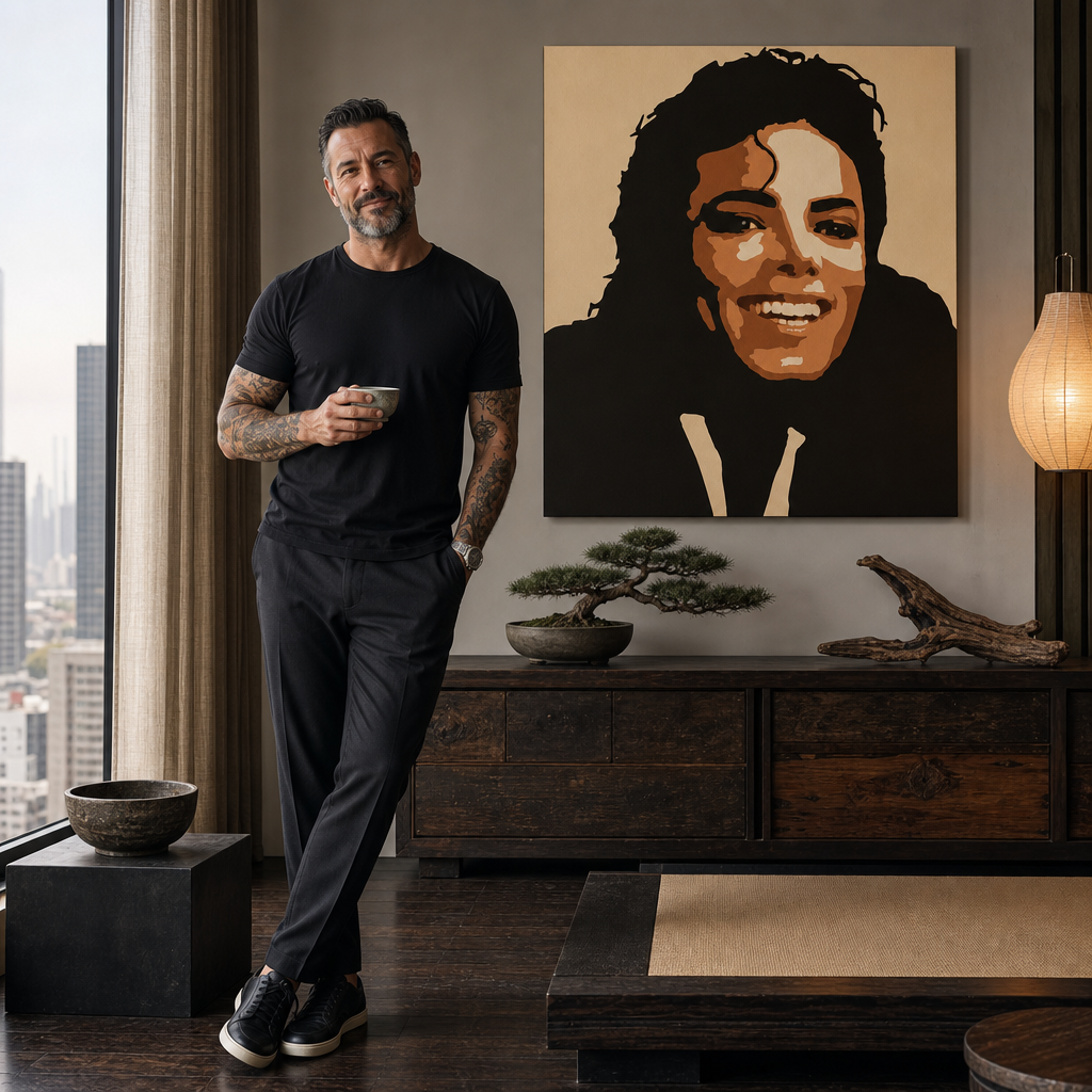 Tablou POP ART pictat manual Michael Jackson 1 bucată mj6 – tablou într-un interior modern masculin, vizualizare lifestyle. Culori dominante: maro, portocaliu, negru, bej.