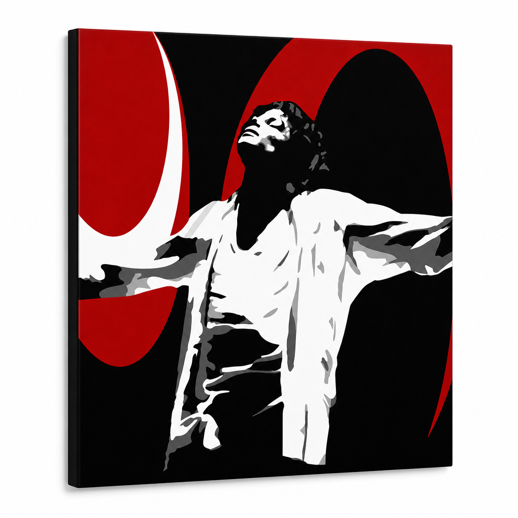 Tablou POP ART pictat manual Michael Jackson 1 parte mj1 – Vizualizare 3D a tabloului pictat manual pe fundal alb. Culori dominante: negru, roșu, alb.