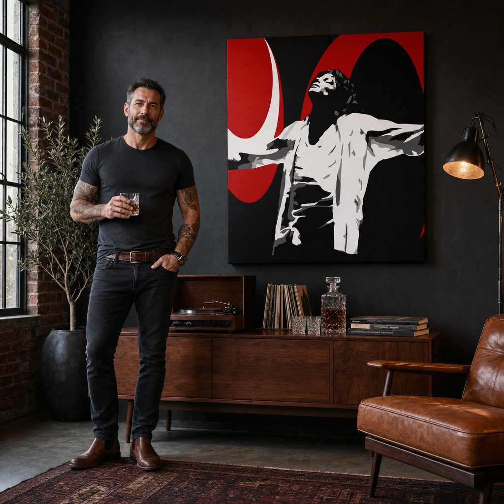 Tablou POP ART pictat manual Michael Jackson 1 parte mj1 – tablou într-un interior modern masculin, vizualizare lifestyle. Culori dominante: negru, roșu, alb.