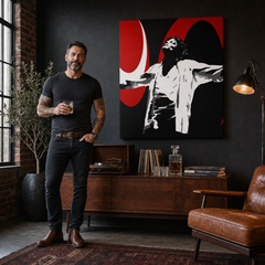 Tablou POP ART pictat manual Michael Jackson 1 parte mj1 – tablou într-un interior modern masculin, vizualizare lifestyle. Culori dominante: negru, roșu, alb.