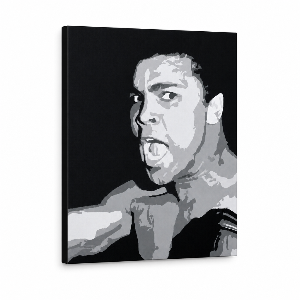 Tablou POP ART pictat manual Muhamad Ali 1 bucată ali – Vizualizare 3D a tabloului pictat manual pe fundal alb. Culori dominante: negru, gri, alb.