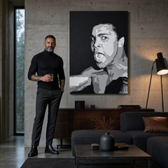 Tablou POP ART pictat manual Muhamad Ali 1 bucată ali – tablou într-un interior modern masculin, vizualizare lifestyle. Culori dominante: negru, gri, alb.