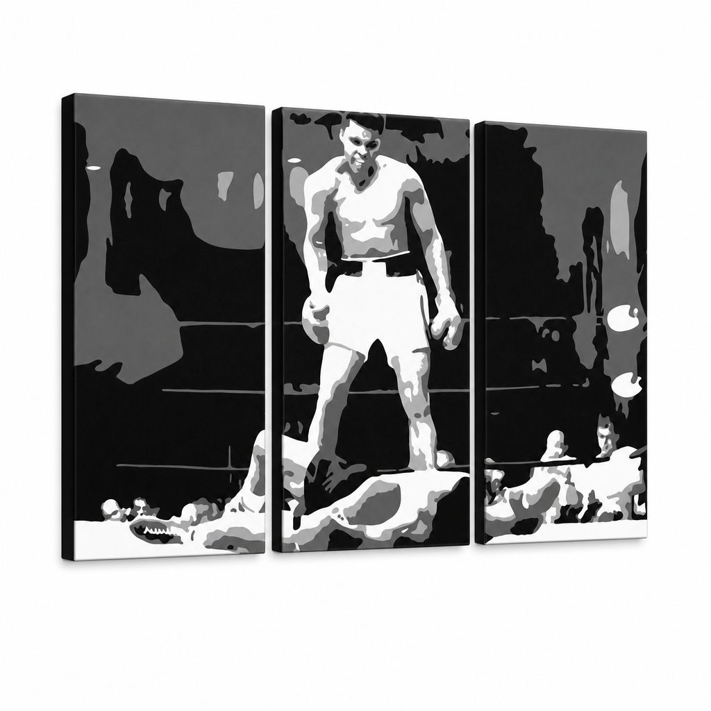Tablou POP ART pictat manual Muhamad Ali 3 bucăți ali2 – Vizualizare 3D a tabloului pictat manual pe fundal alb. Culori dominante: negru, alb, gri.