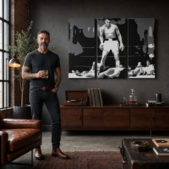 Tablou POP ART pictat manual Muhamad Ali 3 bucăți ali2 – tablou într-un interior modern masculin, vizualizare lifestyle. Culori dominante: negru, alb, gri.