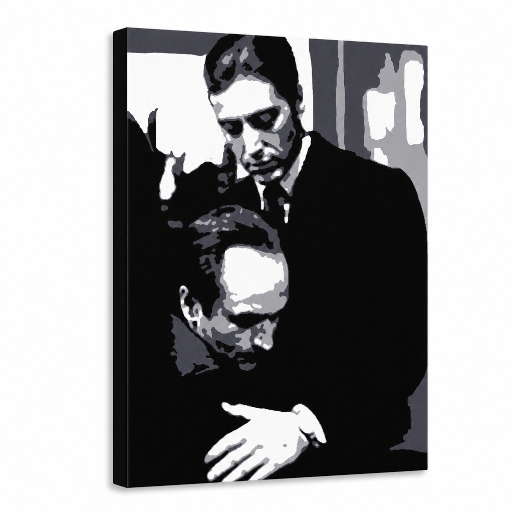 Tablou POP ART pictat manual Nașul 1 buc god5 – Vizualizare 3D a tabloului pictat manual pe fundal alb. Culori dominante: negru, alb, gri.
