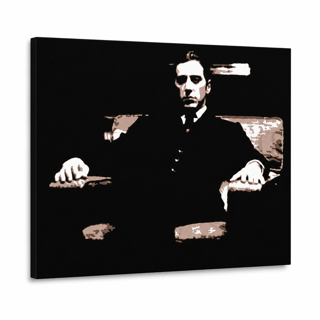 Tablou POP ART pictat manual Nașul 1 buc god9 – Vizualizare 3D a tabloului pictat manual pe fundal alb. Culori dominante: negru, maro, alb.