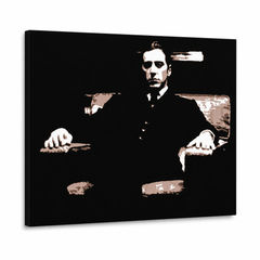 Tablou POP ART pictat manual Nașul 1 buc god9 – Vizualizare 3D a tabloului pictat manual pe fundal alb. Culori dominante: negru, maro, alb.