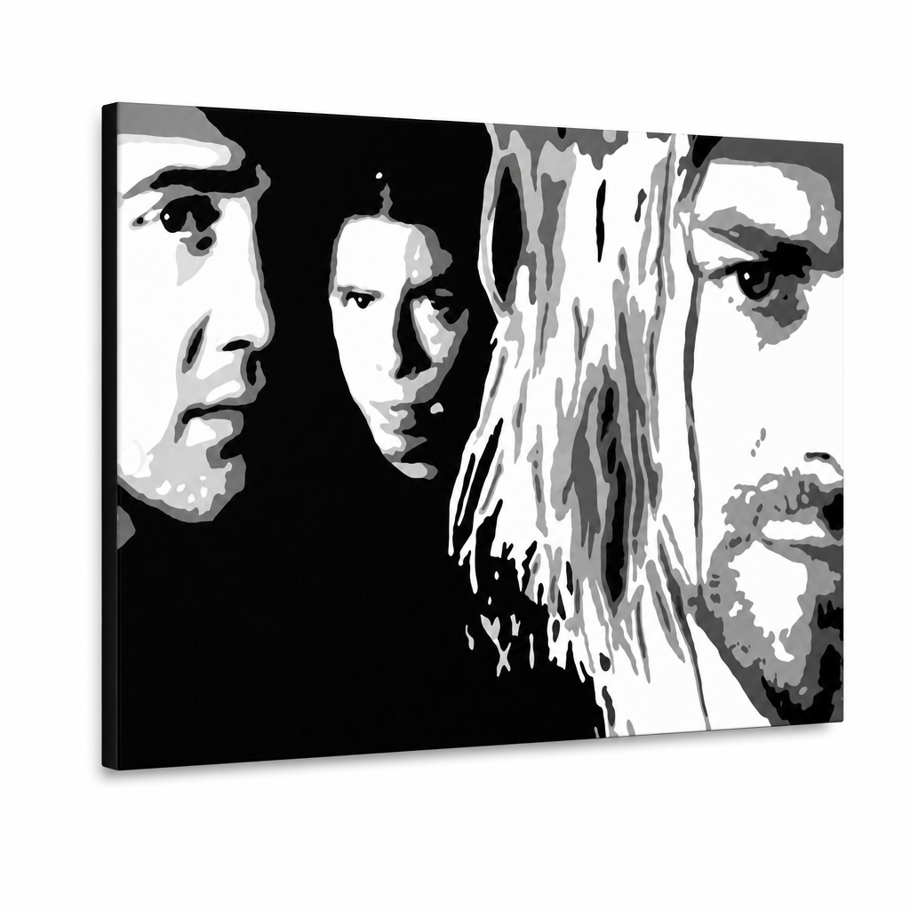 Tablou POP ART pictat manual Nirvana 1 bucată nir – Vizualizare 3D a tabloului pictat manual pe fundal alb. Culori dominante: negru, alb, gri.