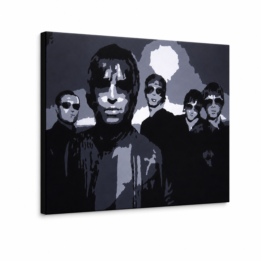 Tablou POP ART pictat manual Oasis 1 buc oa – Vizualizare 3D a tabloului pictat manual pe fundal alb. Culori dominante: negru, gri, alb.