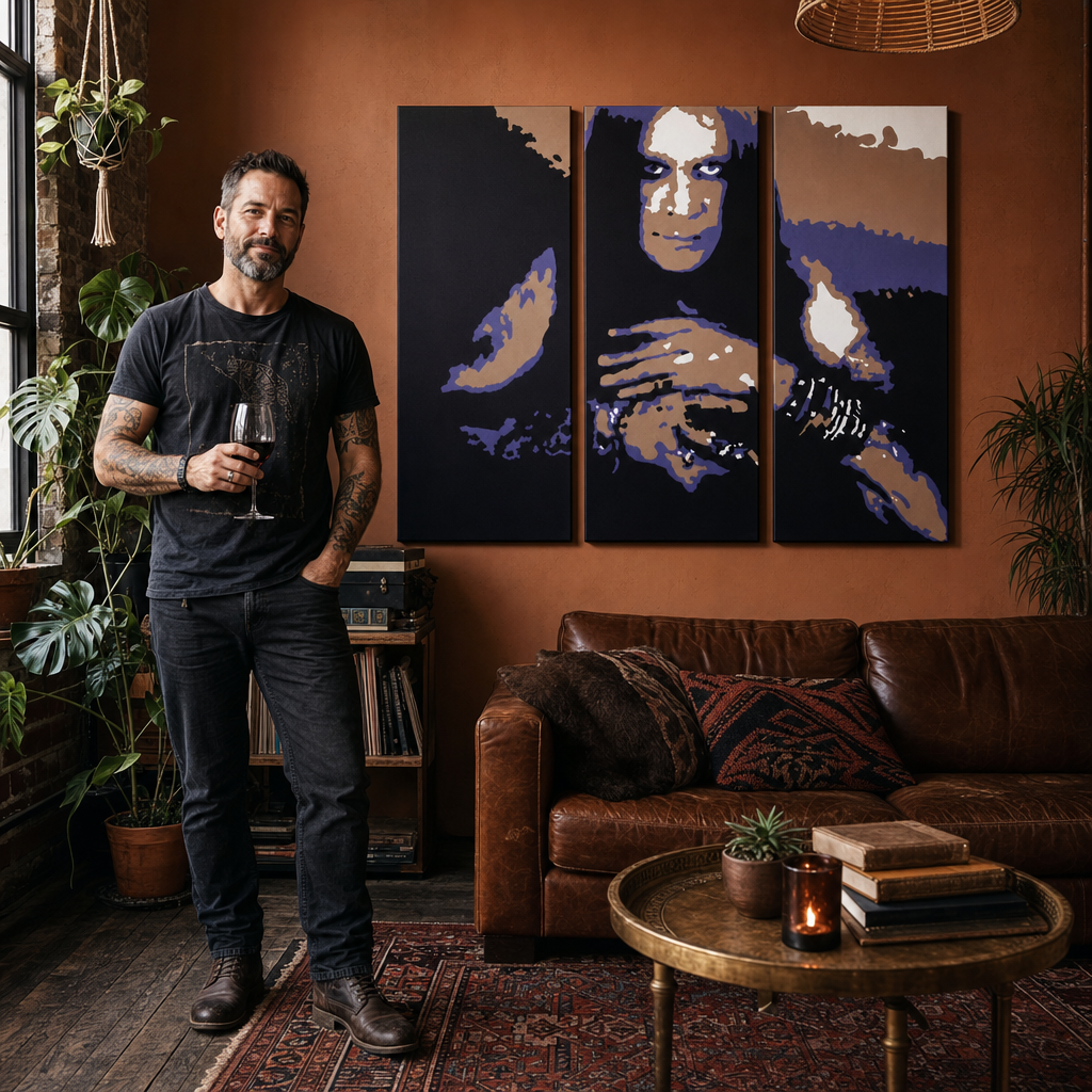 Tablou POP ART pictat manual Ozzy Osbourne 3 bucăți Ozz – tablou într-un interior modern masculin, vizualizare lifestyle. Culori dominante: negru, mov, maro, alb, albastru.