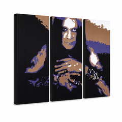 Tablou POP ART pictat manual Ozzy Osbourne 3 bucăți Ozz – Vizualizare 3D a tabloului pictat manual pe fundal alb. Culori dominante: negru, mov, maro, alb, albastru.