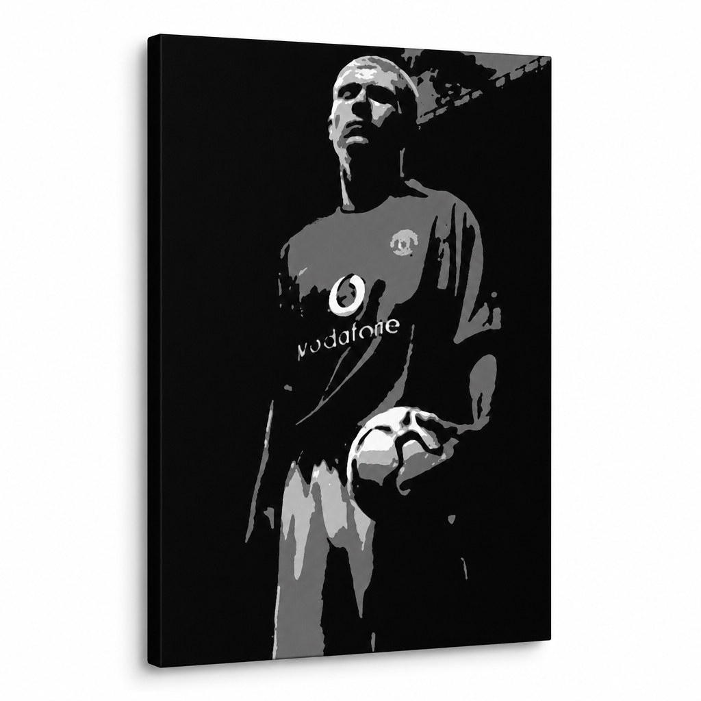 Tablou POP ART pictat manual Paul Scholes 1 bucată ps – Vizualizare 3D a tabloului pictat manual pe fundal alb. Culori dominante: negru, gri, alb.