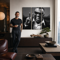 Tablou POP ART pictat manual Ray Charles 3 piese rc – tablou într-un interior modern masculin, vizualizare lifestyle. Culori dominante: negru, alb, gri.