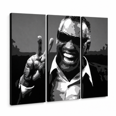 Tablou POP ART pictat manual Ray Charles 3 piese rc – Vizualizare 3D a tabloului pictat manual pe fundal alb. Culori dominante: negru, alb, gri.