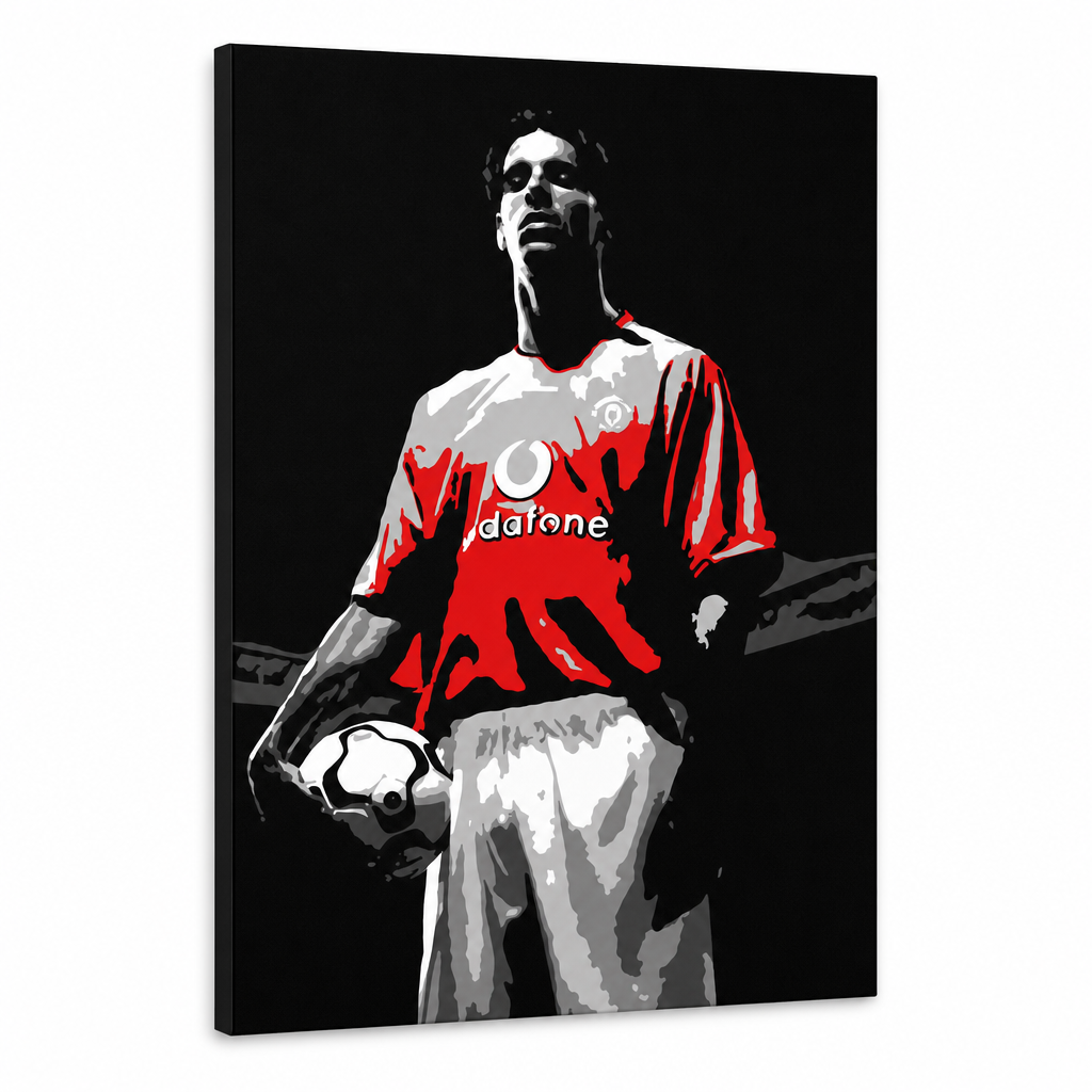 Tablou POP ART pictat manual Ruud van Nistelrooy 1 buc rvn – Vizualizare 3D a tabloului pictat manual pe fundal alb. Culori dominante: negru, roșu, alb, gri.