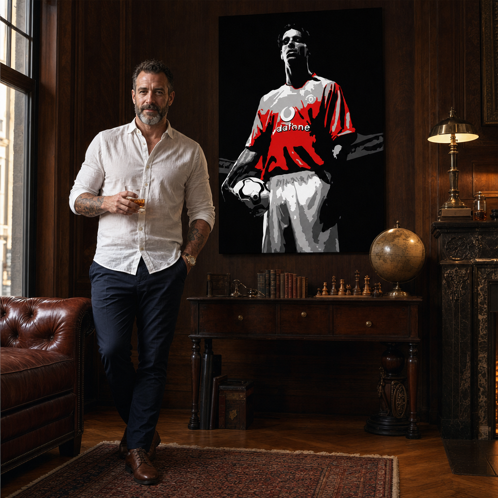 Tablou POP ART pictat manual Ruud van Nistelrooy 1 buc rvn – tablou într-un interior modern masculin, vizualizare lifestyle. Culori dominante: negru, roșu, alb, gri.