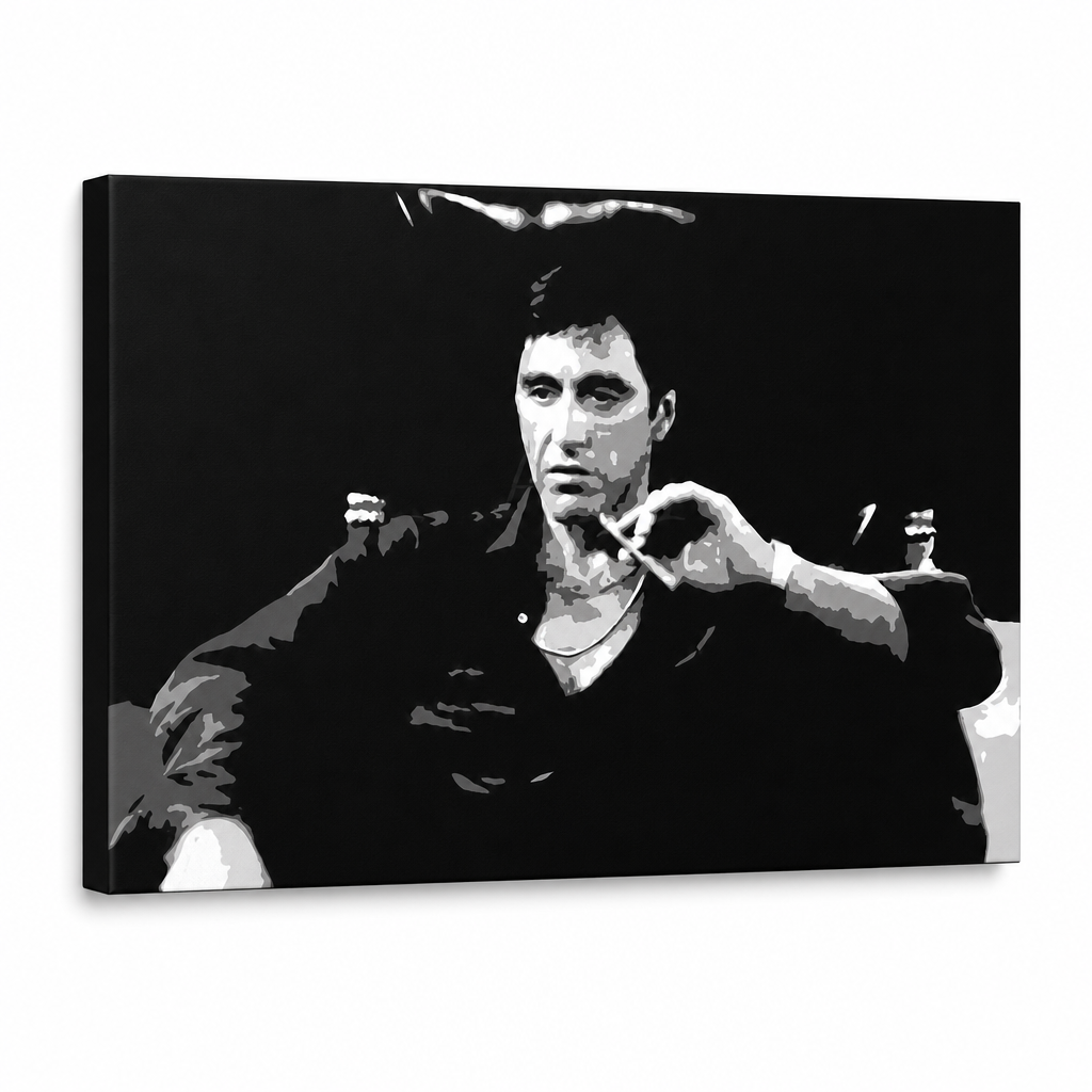 Tablou POP ART pictat manual Scarface 1 buc smz – Vizualizare 3D a tabloului pictat manual pe fundal alb. Culori dominante: negru, alb, gri.