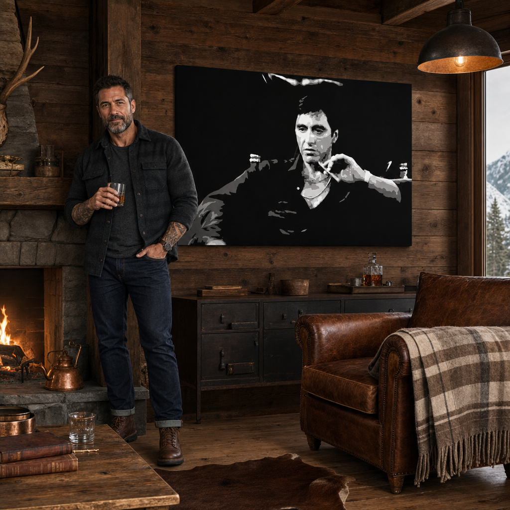 Tablou POP ART pictat manual Scarface 1 buc smz – tablou într-un interior modern masculin, vizualizare lifestyle. Culori dominante: negru, alb, gri.