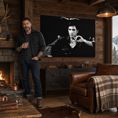 Tablou POP ART pictat manual Scarface 1 buc smz – tablou într-un interior modern masculin, vizualizare lifestyle. Culori dominante: negru, alb, gri.
