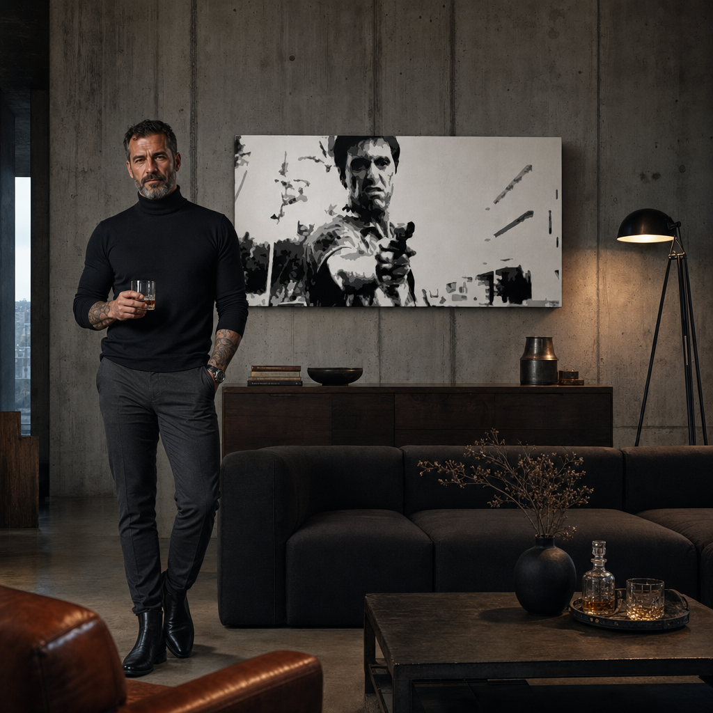 Tablou POP ART pictat manual Scarface 1 parte smp – tablou într-un interior modern masculin, vizualizare lifestyle. Culori dominante: negru, alb, gri.