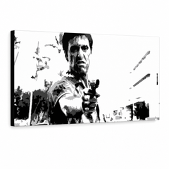 Tablou POP ART pictat manual Scarface 1 parte smp – Vizualizare 3D a tabloului pictat manual pe fundal alb. Culori dominante: negru, alb, gri.