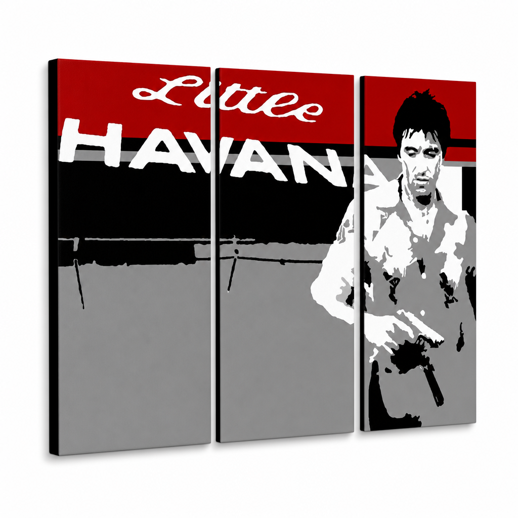 Tablou POP ART pictat manual Scarface - AL PACINO 3 piese al39 – Vizualizare 3D a tabloului pictat manual pe fundal alb. Culori dominante: roșu, negru, gri, alb.